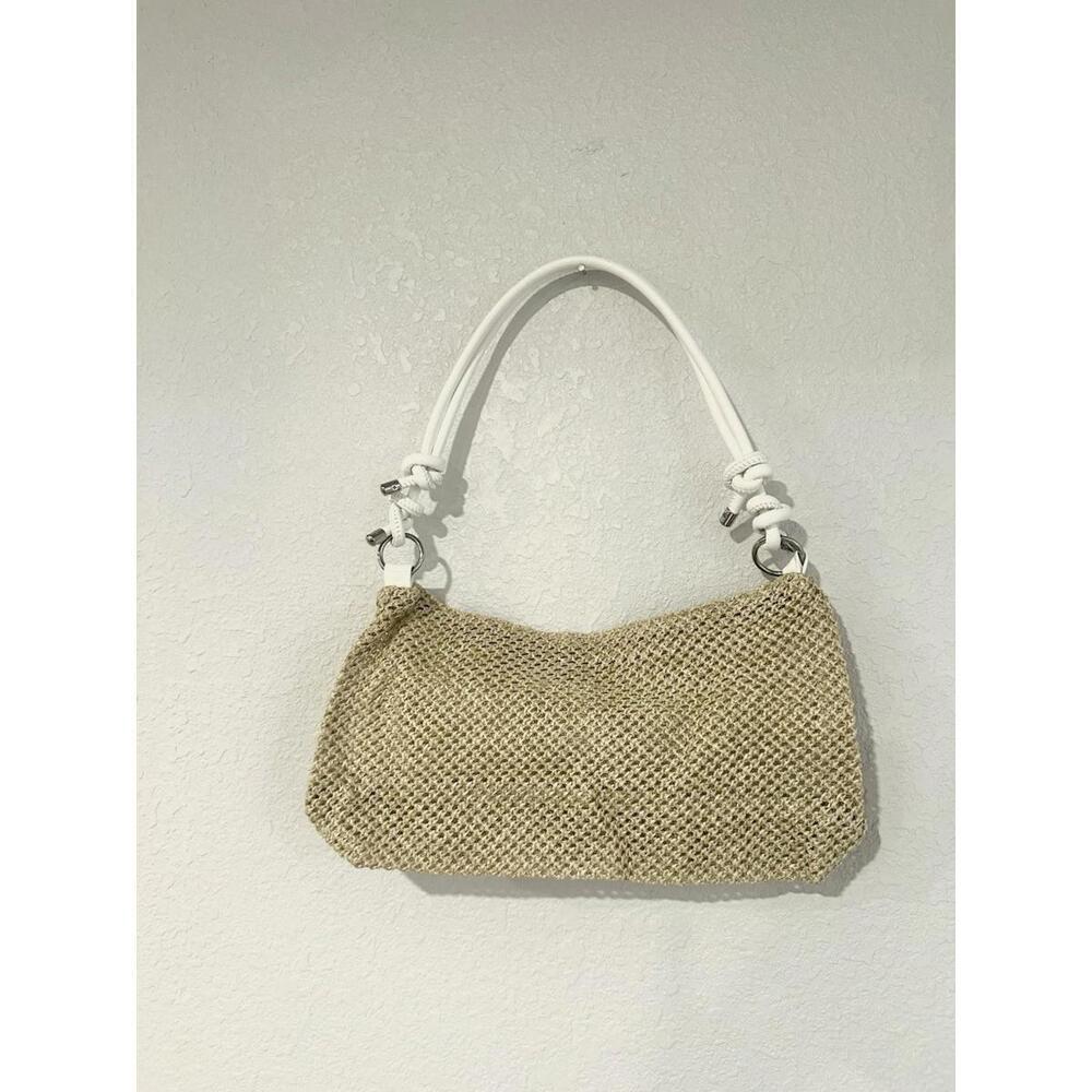 NEW Womens Handbag Straw Woven Beach Bag Biege White Knot Handle Lightweight - Picture 1 of 6